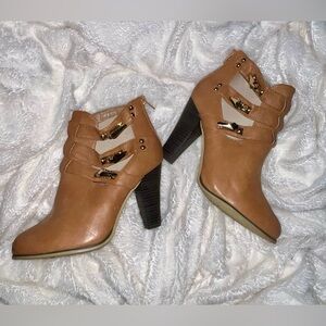Tan Heeled Ankle Boots with Gold Buckles & Cutout Accents